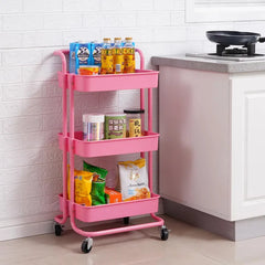 3-Tier Rolling Kitchen Storage Trolley(Dark Pink)