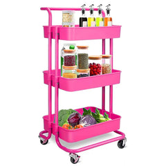 3-Tier Rolling Kitchen Storage Trolley(Dark Pink)
