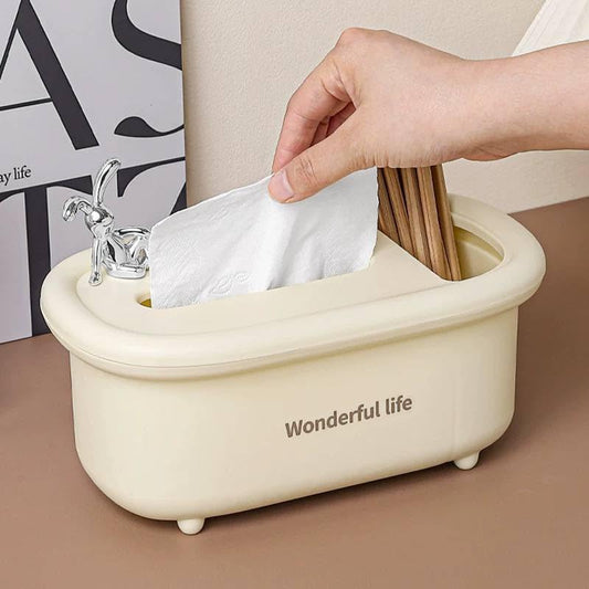 Rabbit Tissue Box with Accessories Holder-OffWhite