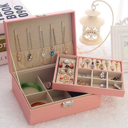 Double Layer Leather Jewellery Box-Pink