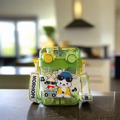 Double Drinking Water Bottle with Straw and Strap-Green