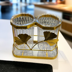 2 Partition Acrylic With Golden Stand Spoon Holder