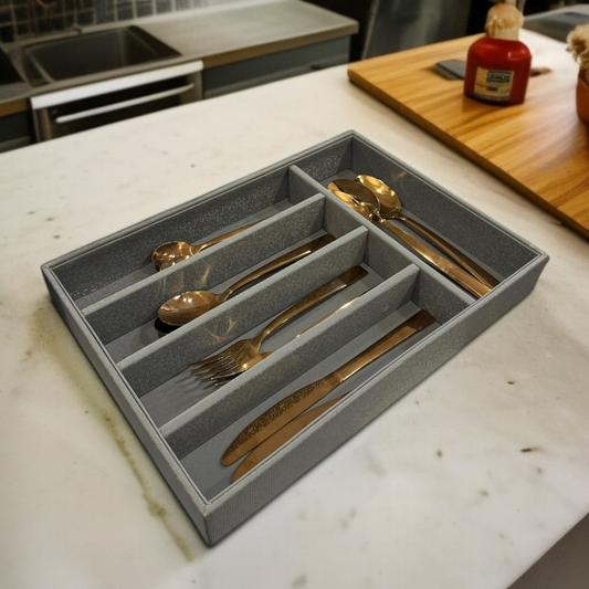 5 Grid Leather Cutlery Holder-Grey