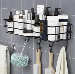 Wall Mounted Rectangle Metal Shelf with Hooks (Black)