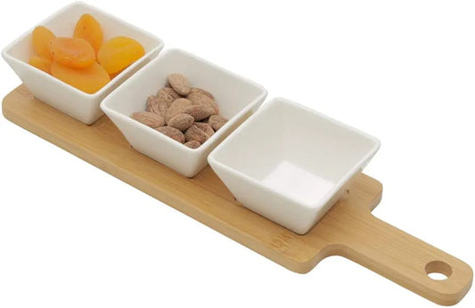 3 Pc Ceramic Bowl Set with Wooden Tray