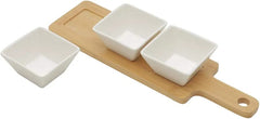 3 Pc Ceramic Bowl Set with Wooden Tray