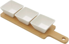 3 Pc Ceramic Bowl Set with Wooden Tray