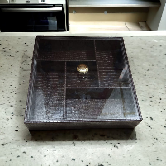 5 Grid Leather Dry Fruit Tray With Lid-Light Brown