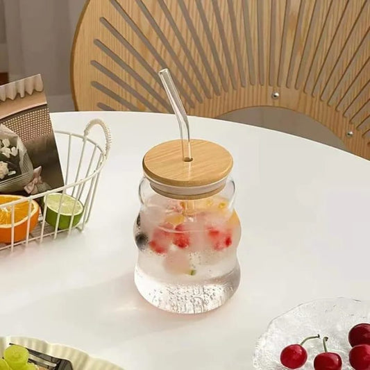 1 Pc Glass Jar wooden Lid With Straw