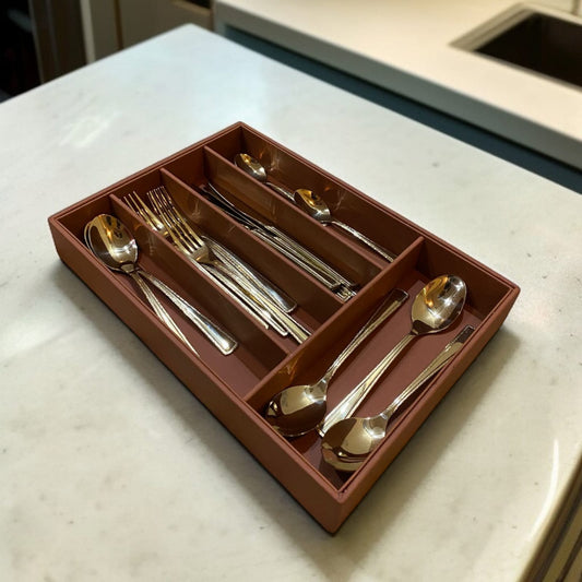5 Grid Leather Cutlery Holder-Light Brown