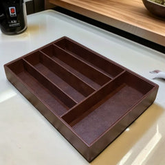 5 Grid Leather Cutlery Holder-Dark Browm