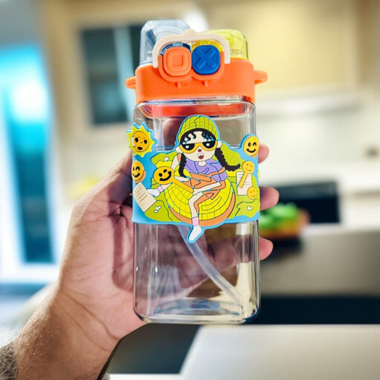Cartoon girl square water bottle with strap