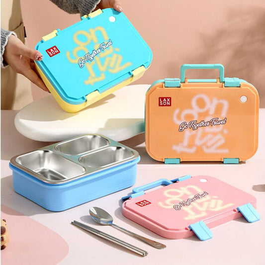 3 Grid Stainless Steel Lunch Box-Skyblue
