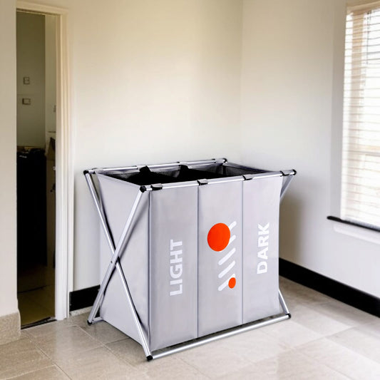3 Compartment Foldable Laundry Basket-Grey