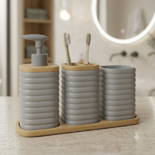3 Pcs Bathroom Set with Tray-Grey