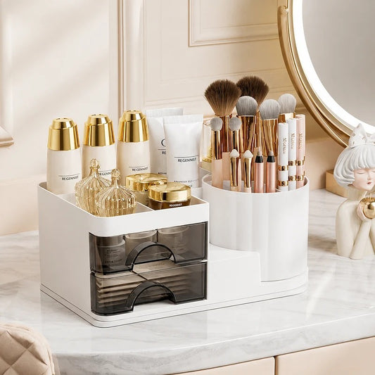 Desktop Cosmetic Organizer With Brush Holder-White