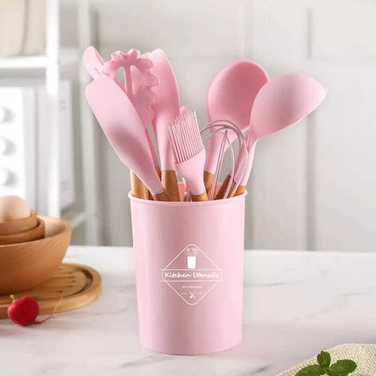 12 PCS Silicone Kitchenware Cooking Utensils Set (Light Pink)