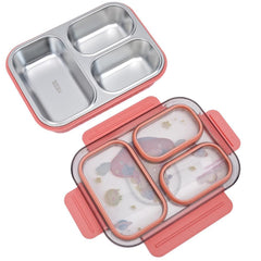 3-Compartment Stainless Steel Lunch Box-Pink