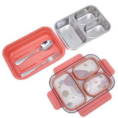 3-Compartment Stainless Steel Lunch Box-Pink