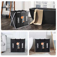 3 Compartment Foldable Laundry Basket-Black