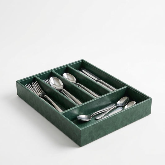 5 Grid Leather Cutlery Organizer-Green