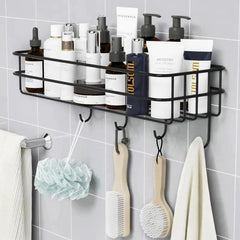Wall Mounted Rectangle Metal Shelf with Hooks (Black)