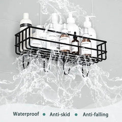 Wall Mounted Rectangle Metal Shelf with Hooks (Black)