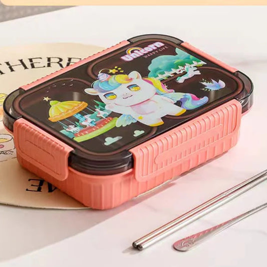 3-Compartment Stainless Steel Lunch Box-Pink