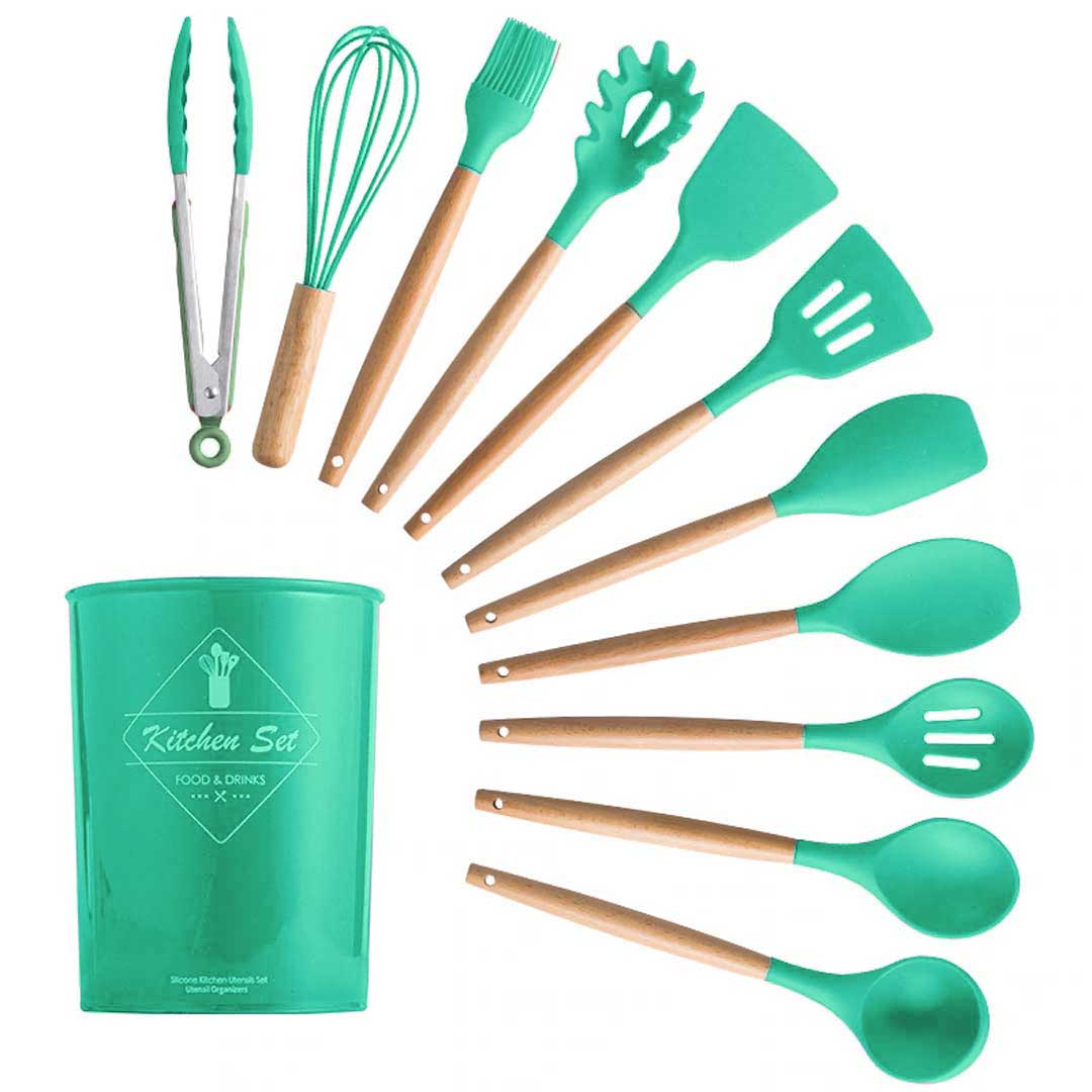 Silicone Wooden Handle Kitchen Cooking Utensils Set