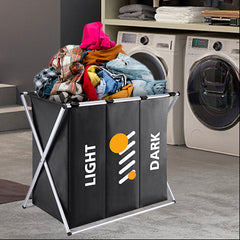 3 Compartment Foldable Laundry Basket-Black