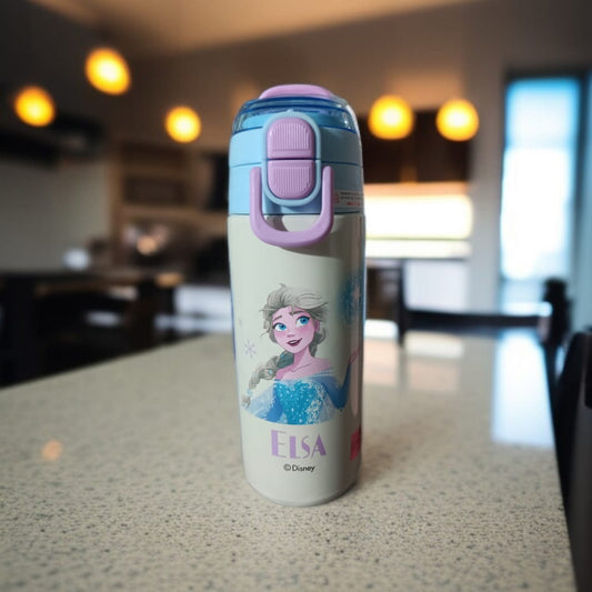 Cartoon-Themed Steel Water Bottle- Sky Blue and White