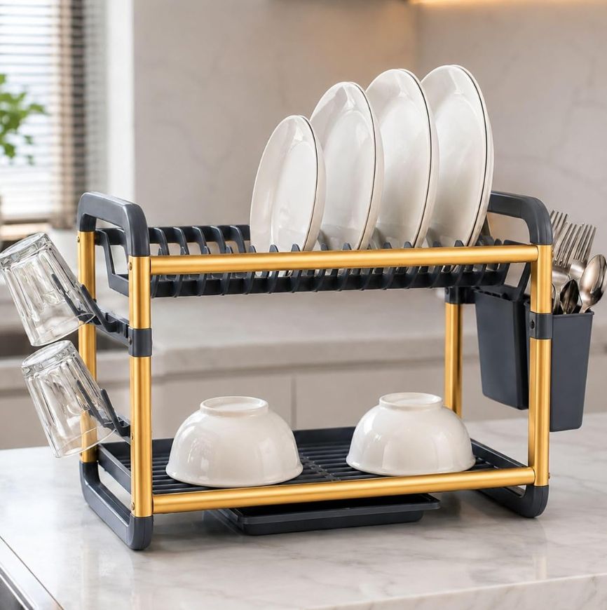 2-Tier Aluminium Dish Drying Rack-Golden