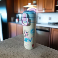 Cartoon-Themed Steel Water Bottle- Sky Blue and White