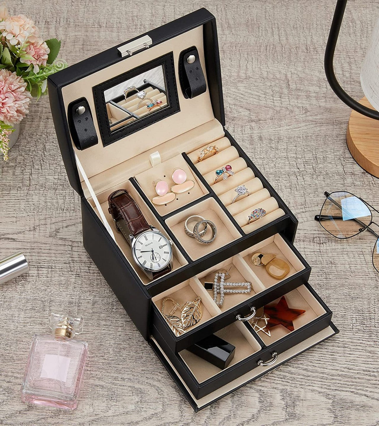 3 Layer Mirror Leather Jewellery Organizer