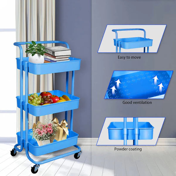 3-Tier Rolling Kitchen Storage Trolley(Blue)