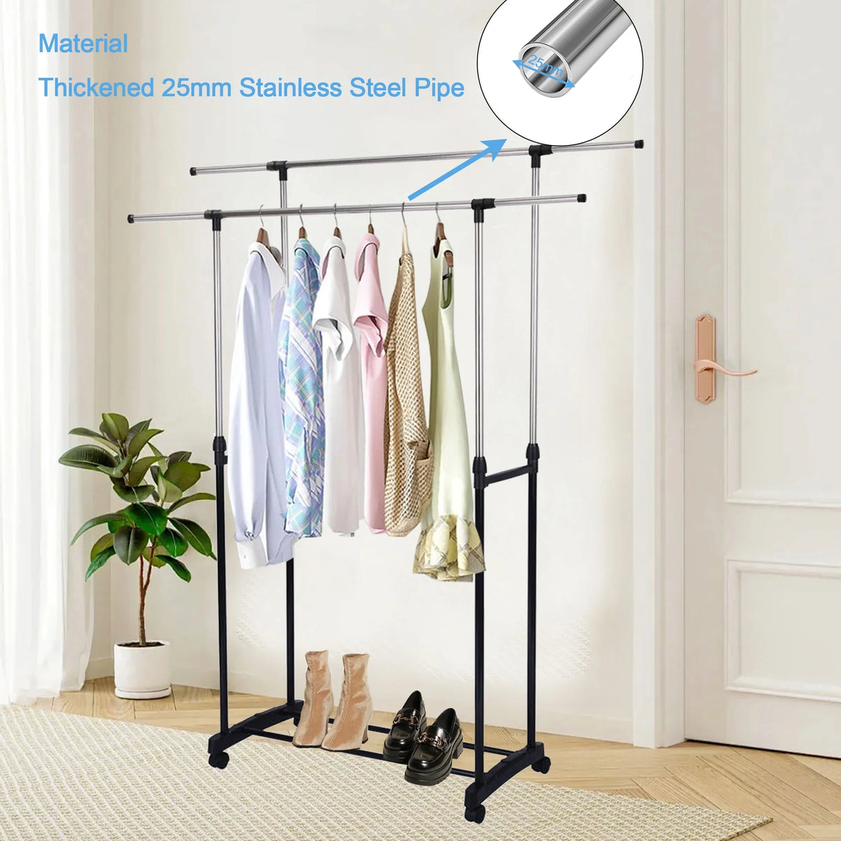 Double Pole Telescopic Cloth Hanger With Wheel