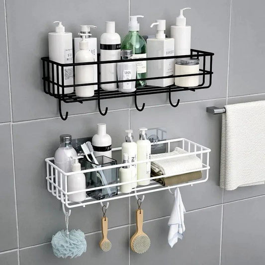 Wall Mounted Rectangle Metal Shelf with Hooks (Black)
