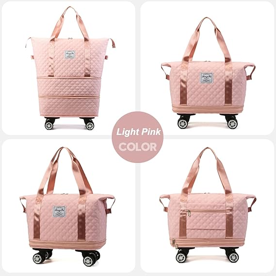 Expandable Duffel Bag with Rolling Wheels-Pink