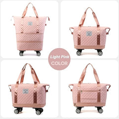 Expandable Duffel Bag with Rolling Wheels-Pink