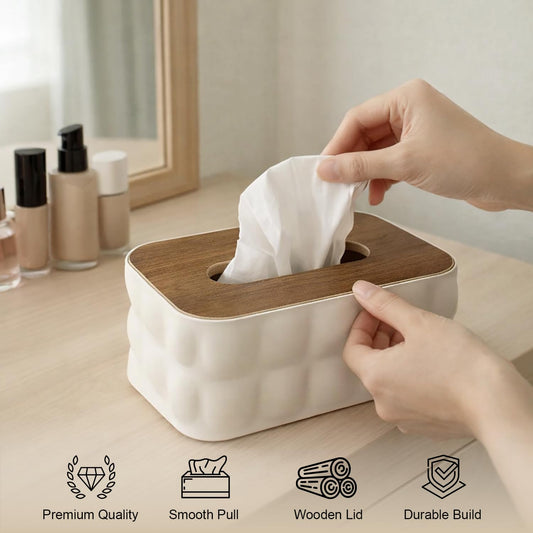 Napkin Holder With Wooden Lid-White