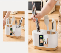 Kitchen Utensils Holder With Wooden Base-White