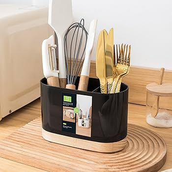 Kitchen Utensils Holder With Wooden Base-Black