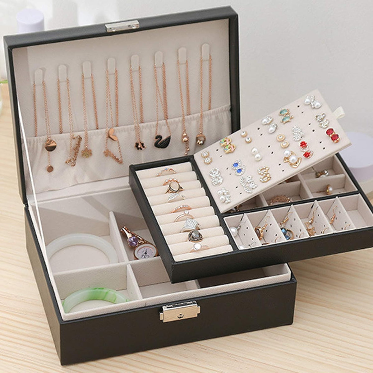2 Layer Pu Leather Jewellery Box-Black