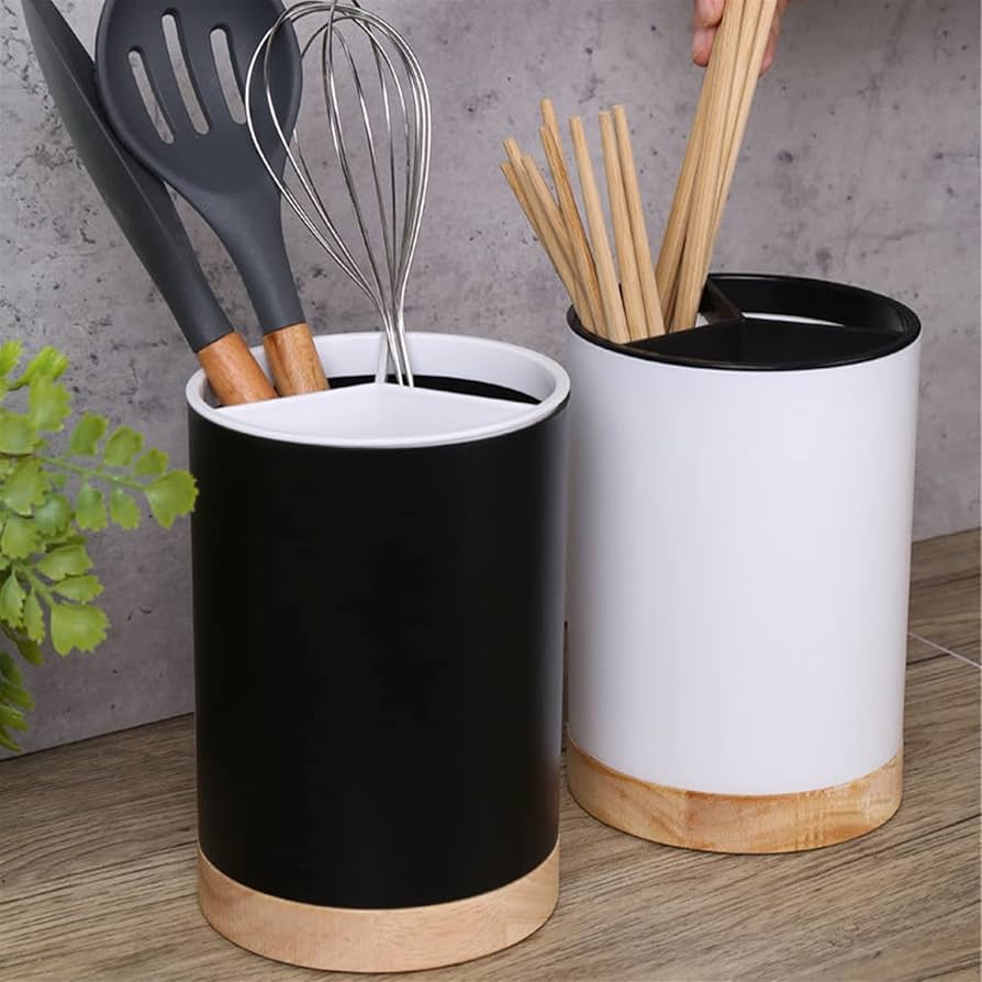 Wood Base Cutlery Storage Container-White