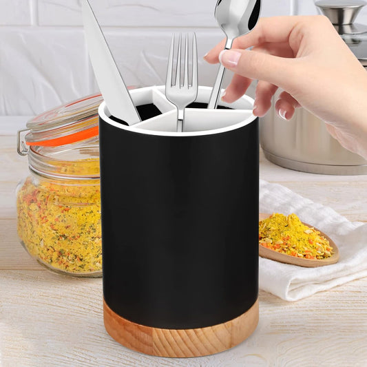 Wood Base Cutlery Storage Container-Black