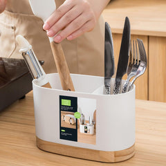 Kitchen Utensils Holder With Wooden Base-White