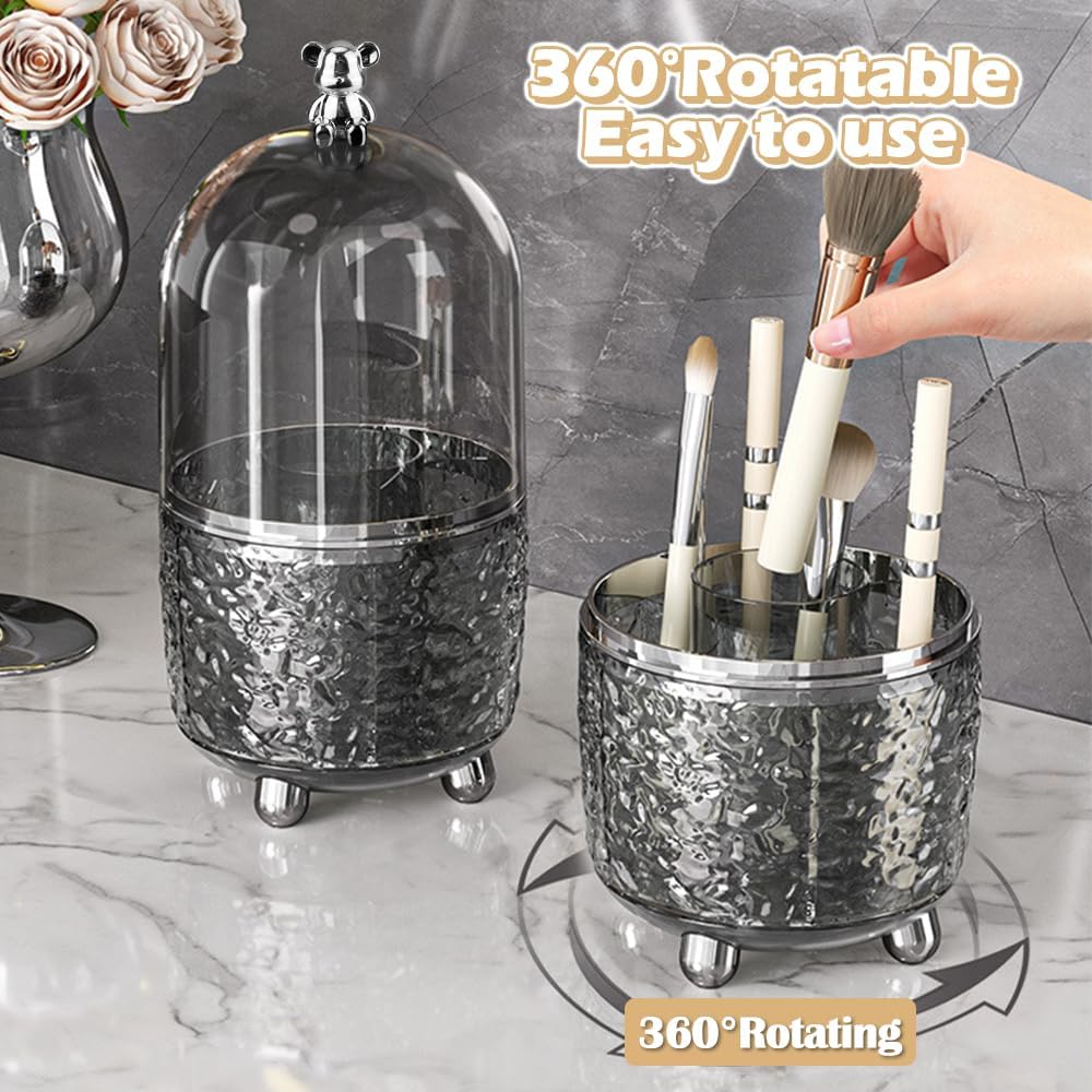 Rotating Makeup Brush Holder with Lid-Dark Grey