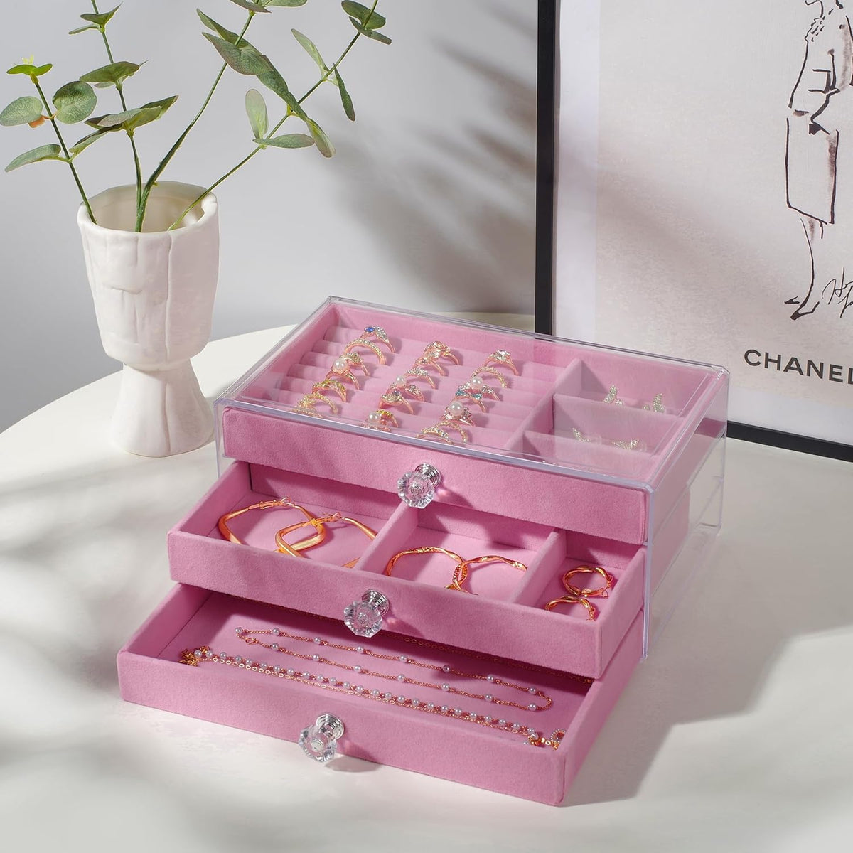3 Drawers Acrylic Jewellery Box-Pink