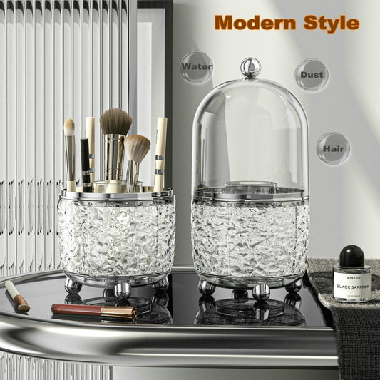 Rotating Makeup Brush Holder with Lid-Light Grey