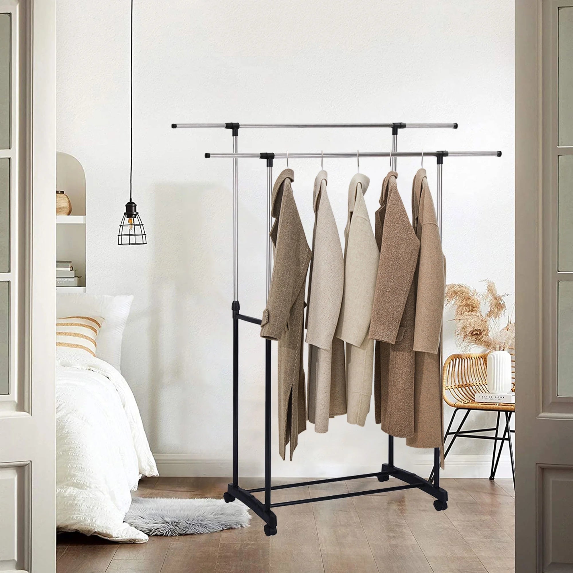 Double Pole Telescopic Cloth Hanger With Wheel